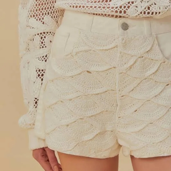 Farm Rio Crochet Detail Cotton Denim Shorts White Size 28 NWT - Picture 2 of 11